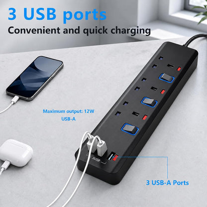 Extension Lead 2M, Extension Lead with USB Slots (3 USB), 13A 3250W