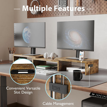 Dual Monitor Riser, Stepless Adjustable Length & Angle, Rustic Brown