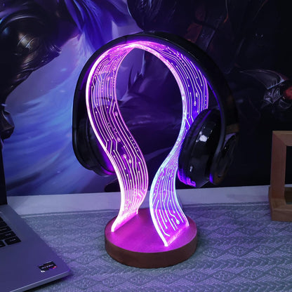 Headphone Stand, Wood Headset Holder with Blue Pink LED Night Light for Gamers, Men, and Music Lovers - Perfect Desk Gift Idea
