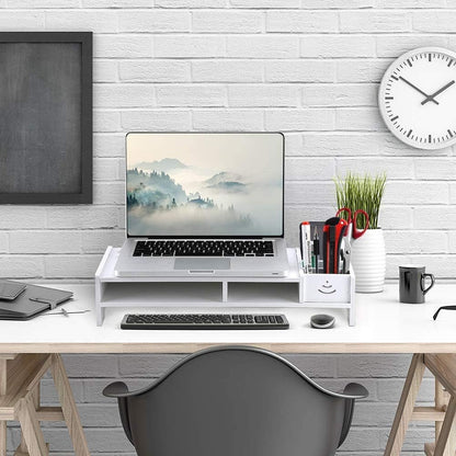 Ergonomic White Monitor Stand PVC Storage Compartments
