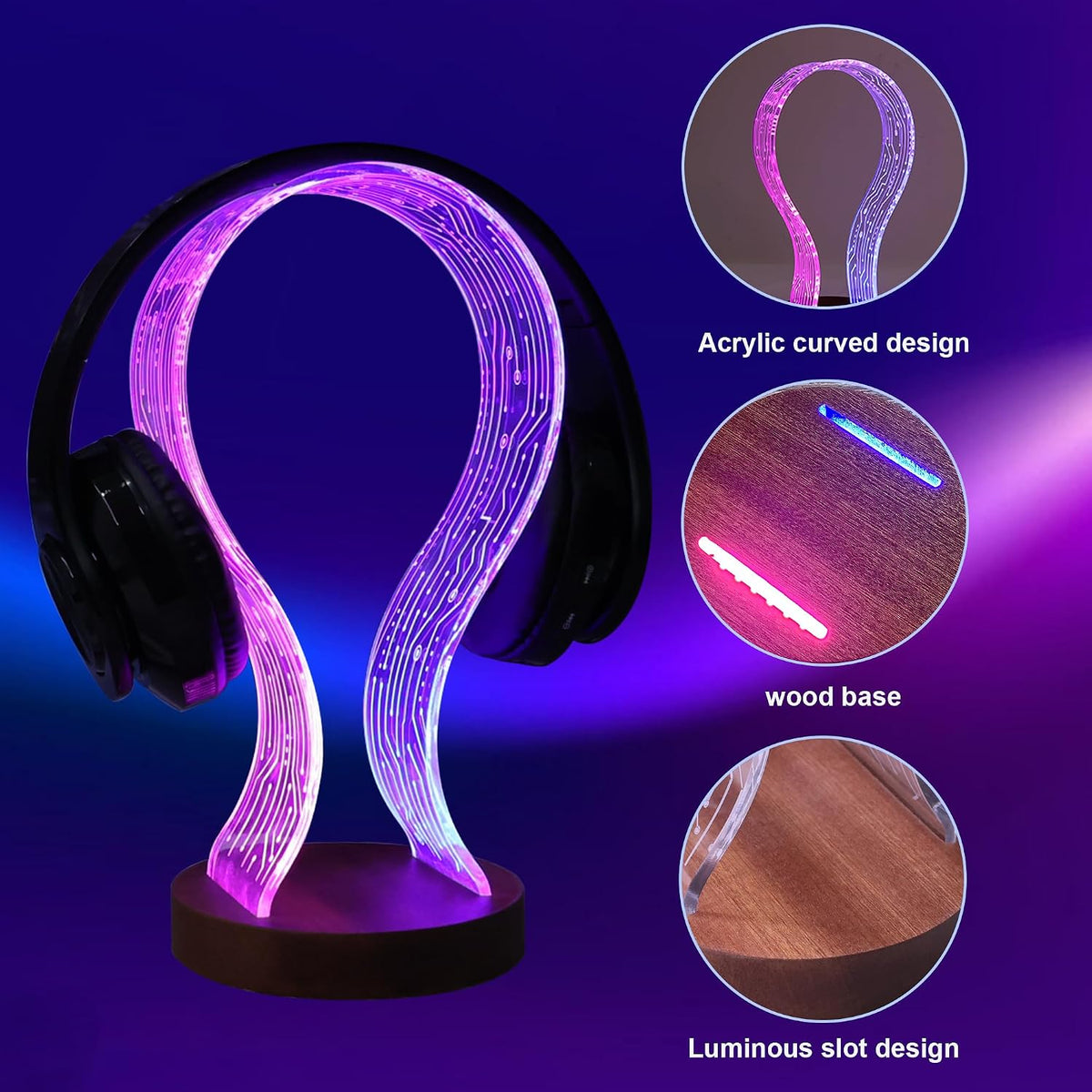 Headphone Stand, Wood Headset Holder with Blue Pink LED Night Light for Gamers, Men, and Music Lovers - Perfect Desk Gift Idea