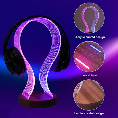 Headphone Stand, Wood Headset Holder with Blue Pink LED Night Light for Gamers, Men, and Music Lovers - Perfect Desk Gift Idea