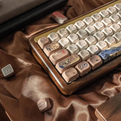 XVX MOA Profile Japanese Fuji Mountain Theme PBT Keycaps Set, 140-Key Coffee & Cream Custom Keycaps for US Layout Mechanical Keyboards (Brown/Beige Design with Key Puller)