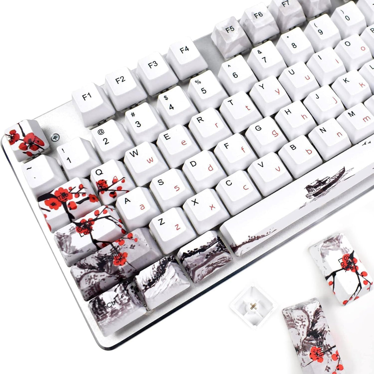 Plum Blossom Keycaps Mechanical Gaming Keyboards, Custom PBT OEM Profile Key Caps Japanese Style with Keycap Puller for Cherry MX 104/87/71/61 60 Percent Keyboard (Plum Blossom 71 JP)