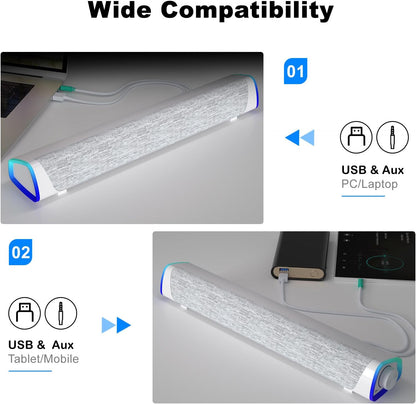 R30 PC Speakers, Colorful LED Lights with Switch Button, White