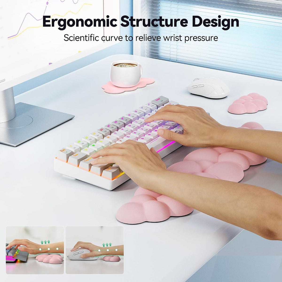 Cloud Wrist Rest Keyboard Set, Memory Foam & PU Leather,Light Pink