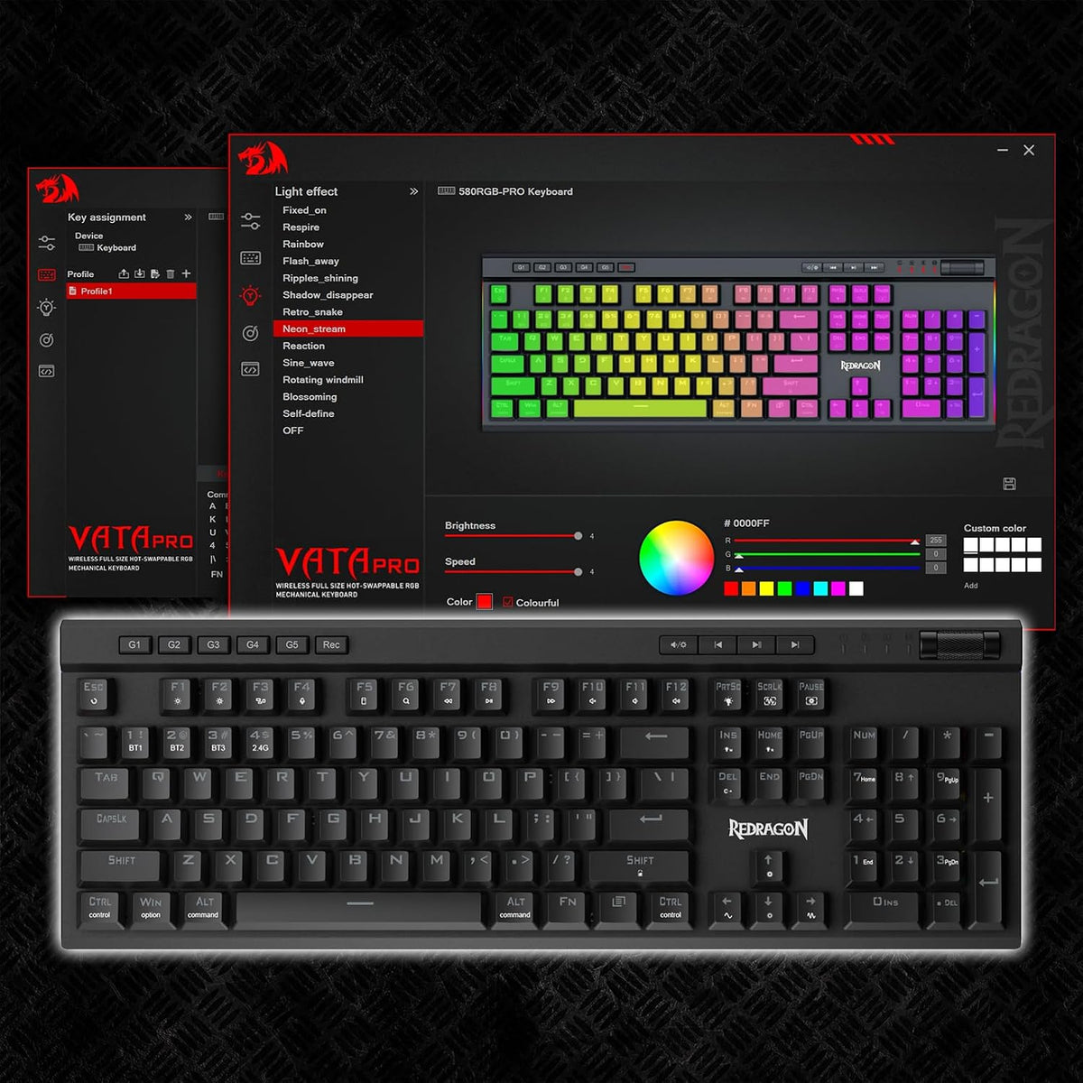 K580 PRO Wireless RGB Gaming Keyboard, 3-Modes 104 Keys Mechanical Keyboard W/Hot-Swap Socket, Dedicated Media Controls & Onboard Macro Recording, Linear Red Switch