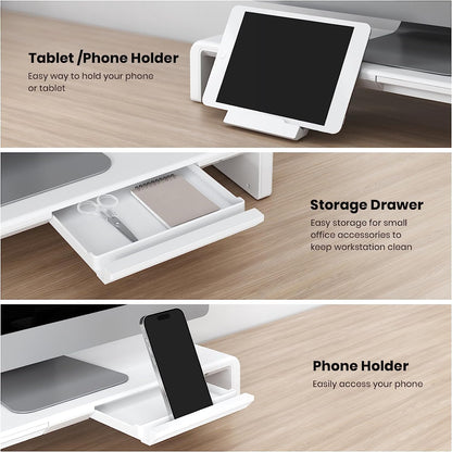 Foldable Monitor Stand - Klearlook Computer Monitor Riser with Storage Drawer&Tablet Phone Stand| Width Adjustable Monitor Stands for Desks| Desk Shelf Riser for Computer, Desktop, Laptop| White