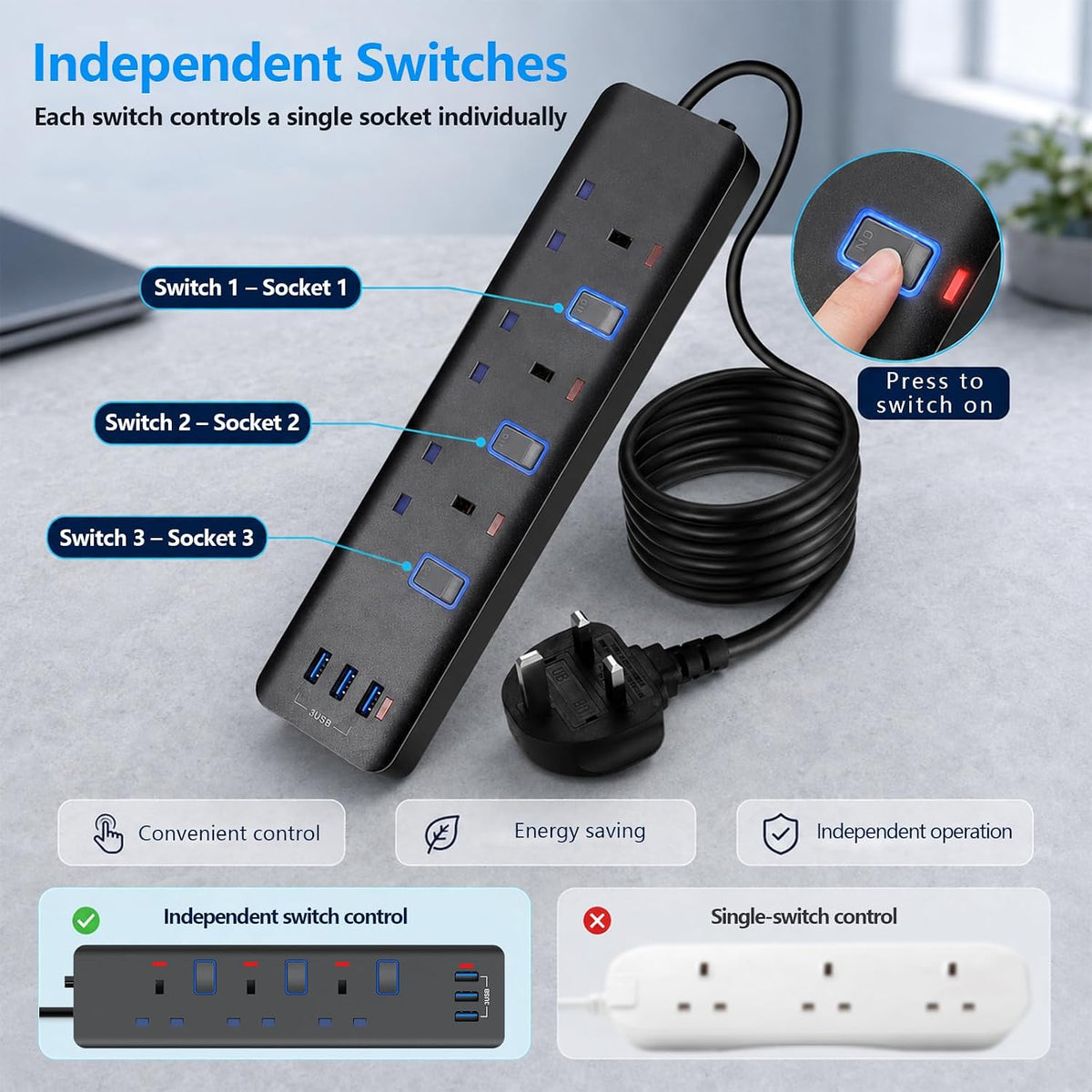 Extension Lead 2M, Extension Lead with USB Slots (3 USB), 13A 3250W