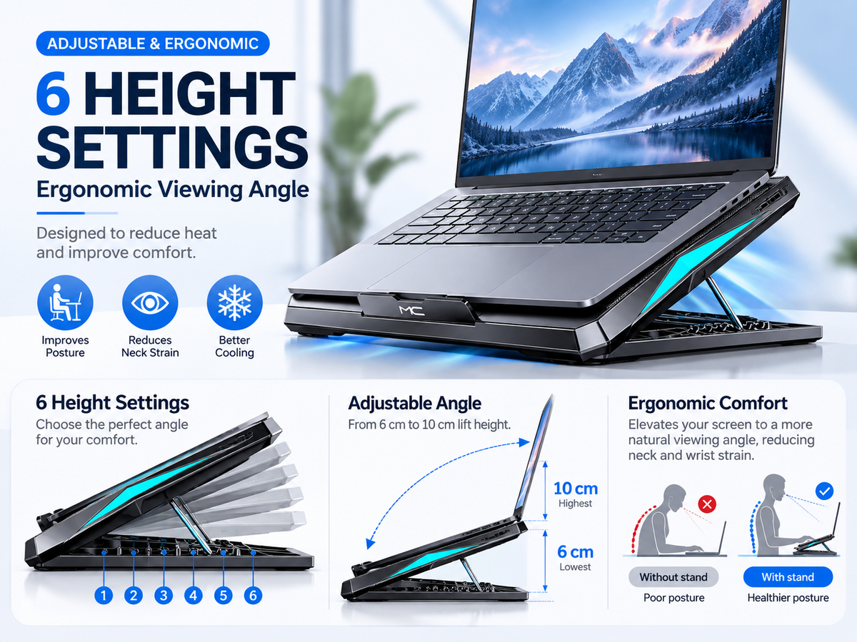 Q3 Gaming Laptop Cooling Pad – 6 Fans & Adjustable Height